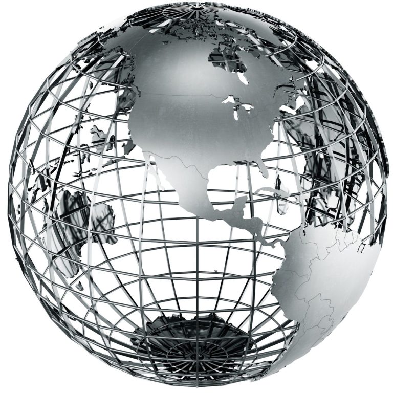 3d rendering of a metal globe showing North america